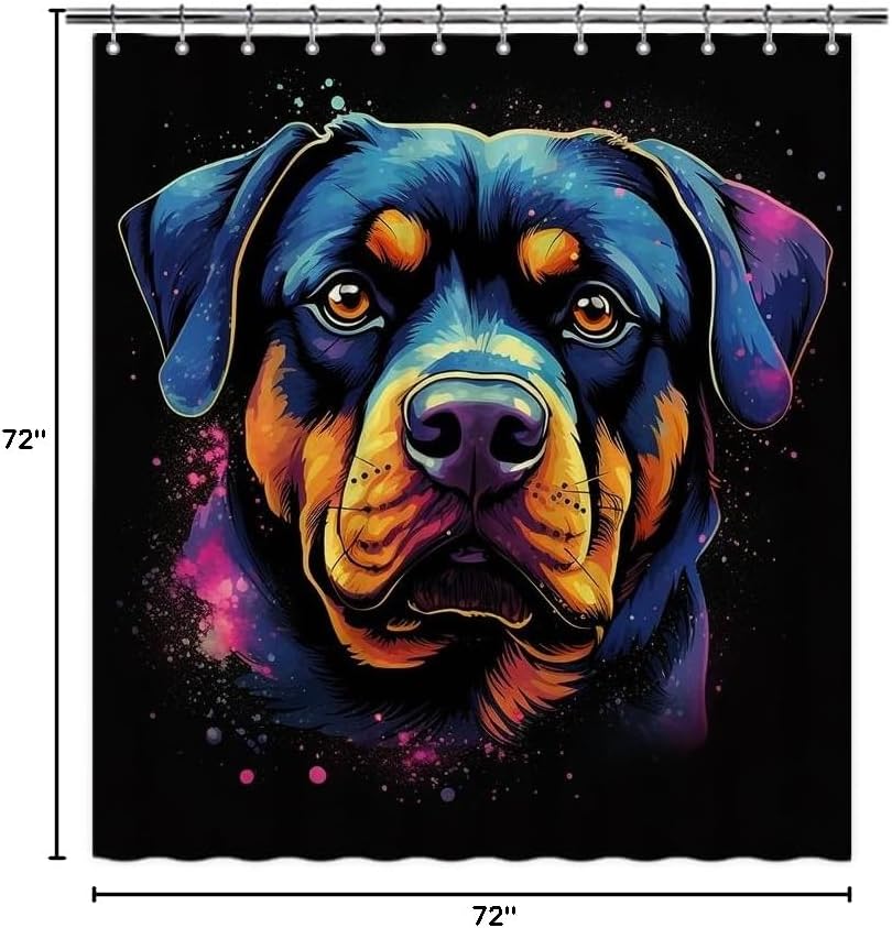 Lovely Rottweiler Dog Shower Curtain Colorful Painting Dog Puppy Pet Animal Print Bath Curtains for Bathroom Home Decoration with 12 Hooks 72x72 Inch Black Style 1