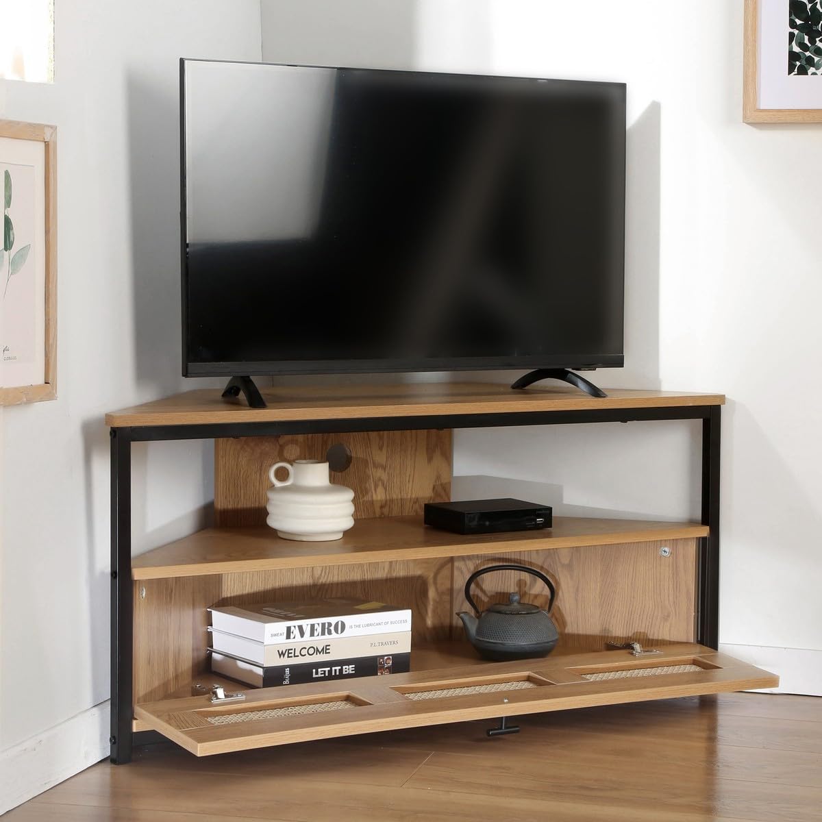 Calicosy – Mueble de TV esquinero con 1 puerta abatible, cannage de ratán – Decoración de madera – paneles de partículas – patas de metal – salón o dormitorio – estilo exótico y natural – 100 x 30 x