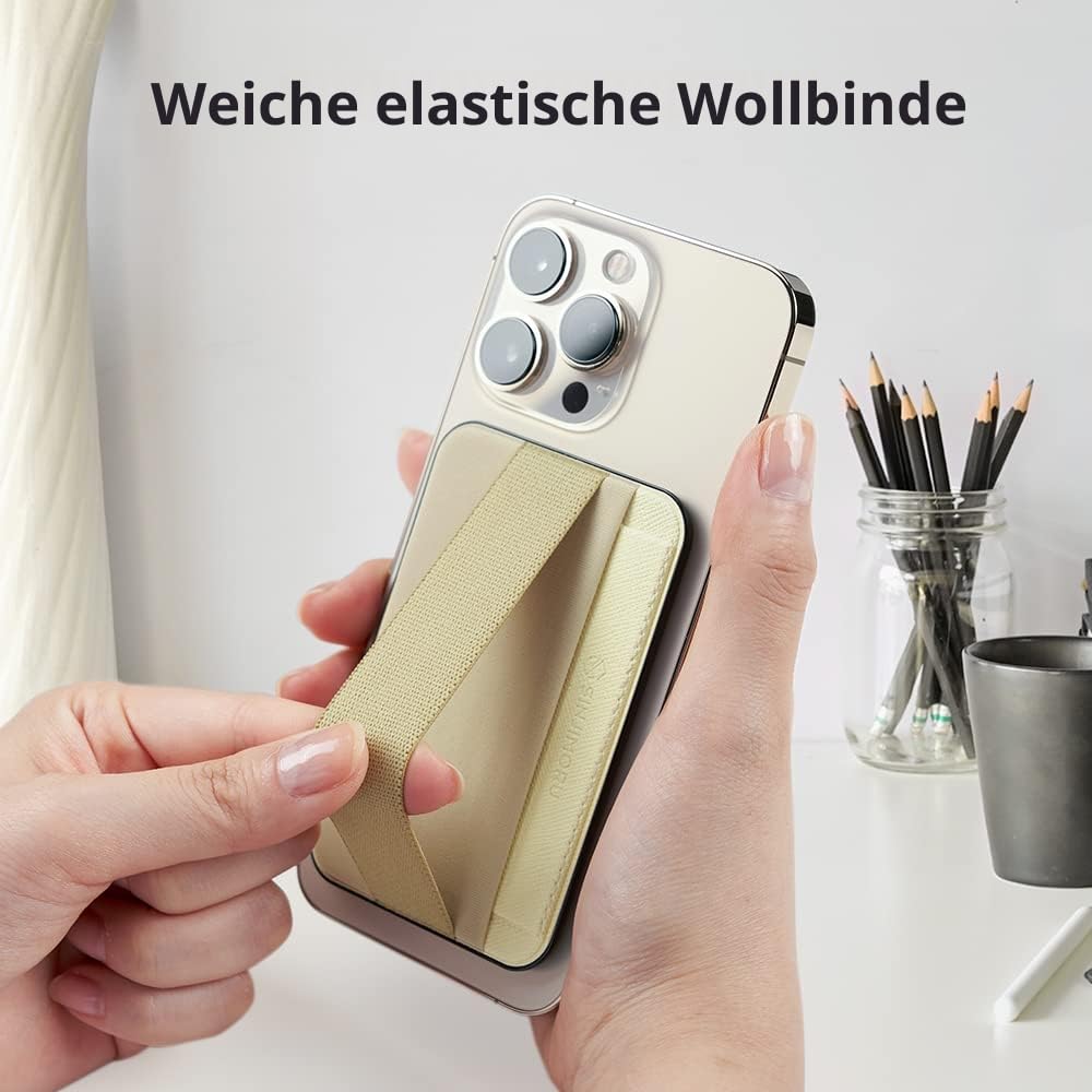 Sinjimoru Magnetischer Kartenhalter mit elastischem Fingerhalter, Handy Kartenetui mit weichem Band kompatibel mit MagSafe Wallet für iPhone 17, 16, 15, 14 & 13 Reihe. M-Band Schwarz