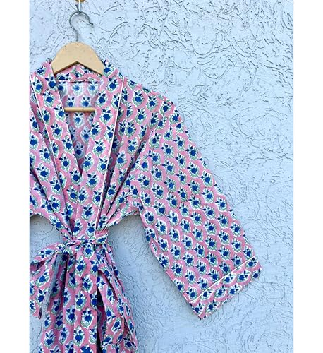 Image of Hand block print Cotton Kimono bikini cover up,Indian Hand block print Cotton Bath Robe,Swim Wear,Nighrwere Dressing Gown