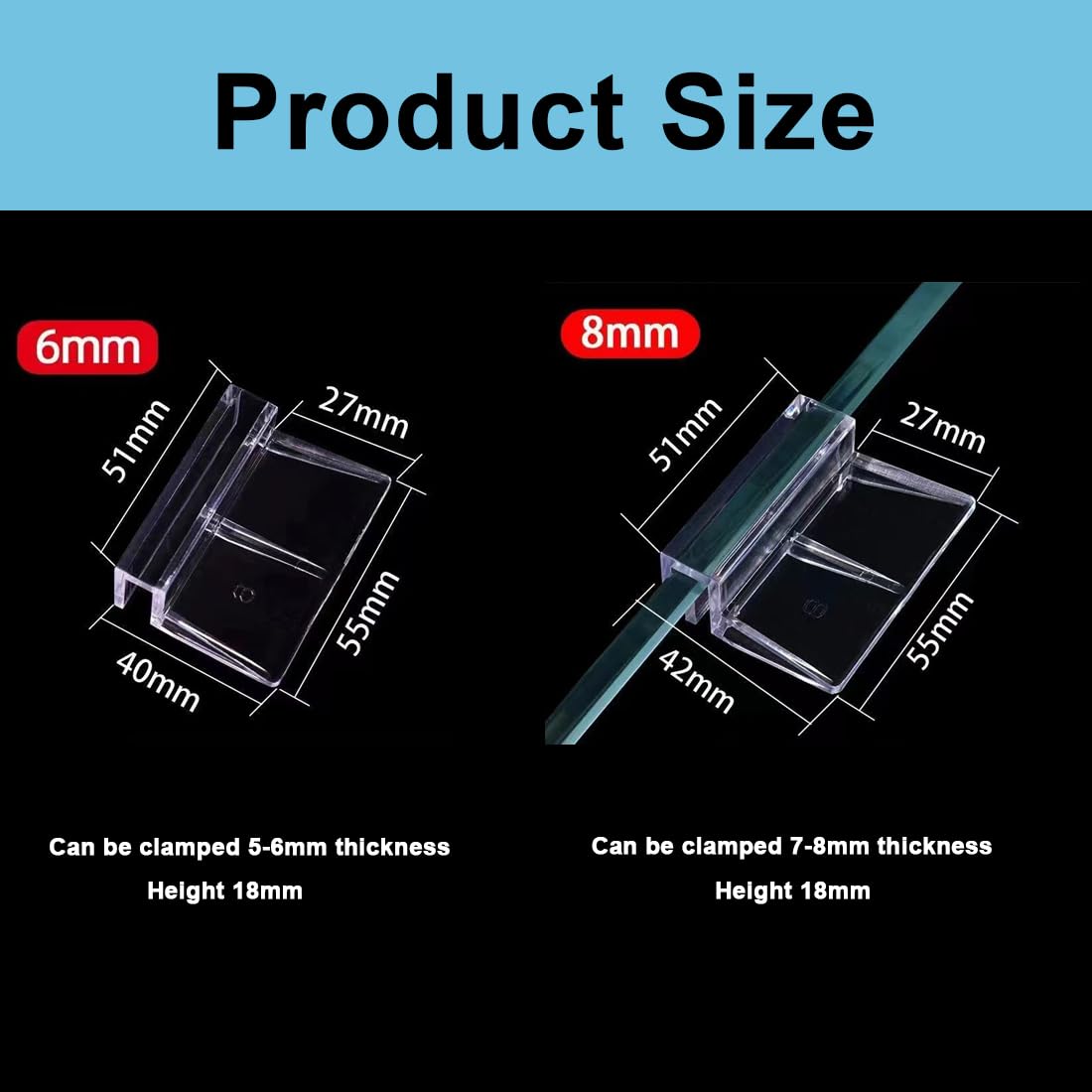 Couvercles pour aquarium, Lot de 8 clips pour couvercle d'aquarium en verre support de clip en acrylique support universel pour aquarium sans cadre (6 mm, 8 mm)