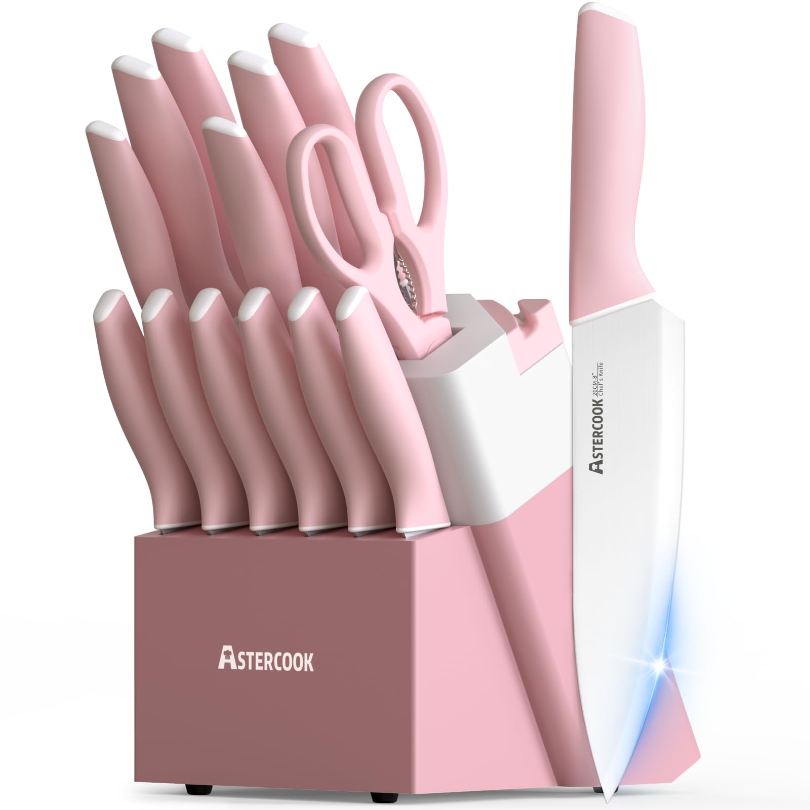 Astercook Knife Set, Kitchen Knives Set with Block and Sharpener Ceramic Coating 15 Pcs German Stainless Steel Knives Sharp Blade Dishwasher Safe Deba Knives with Ergonomic Handle, Crystal Pink