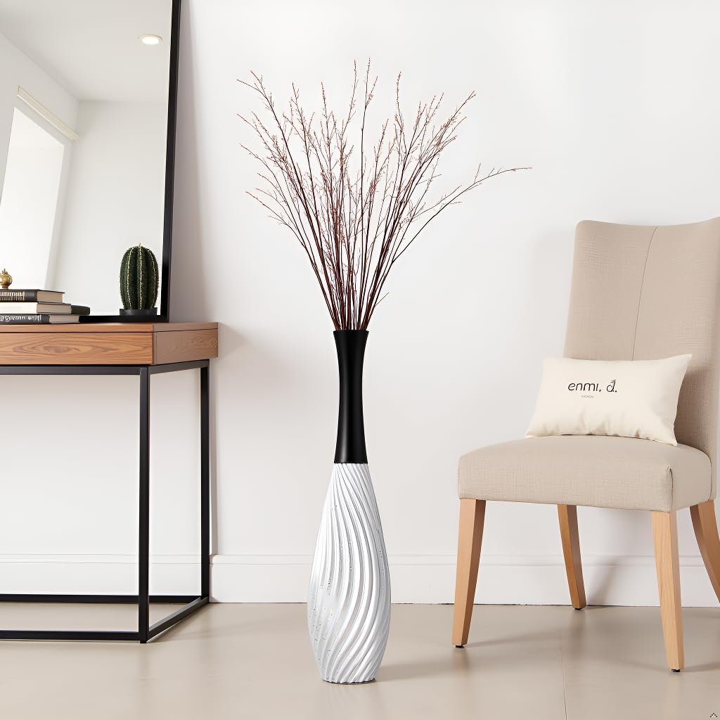 23.6" Silver Tall Vases - Black Neck Teardrop Tall Floor Vase with Textured Vertical Lines & Speckled Finish, Modern Decorative Floor Vase for Living Room, Office, Wedding Decor - Resin