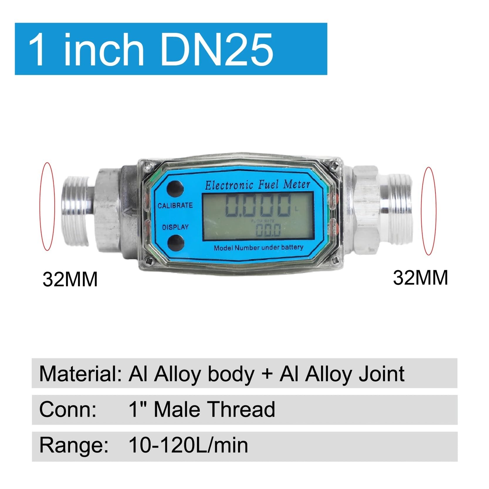 Caudalimetro, Medidor de flujo turbina digital aluminio con rosca 3/4" (1 pulgada), 1.5" .8 cm) y 2" (5, medidor electrónico combustible for agua, diésel, gasolina líquidos(1-inch)