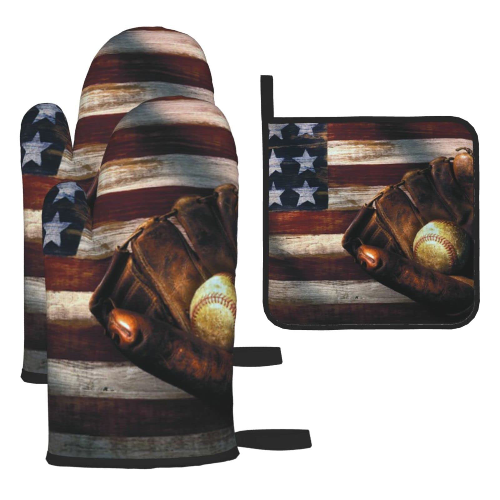 American Flag Baseball Printed Kitchen Baking Three-Piece Heat-Resistant Thick Cotton Oven Gloves for Cooking and Baking.