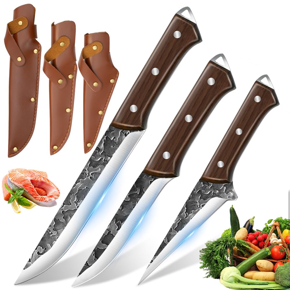 Metzgermesser 4-teilig Messerset – Scharfes Hackmesserset, Profi Fleischmesserset mit Hackmesser Ausbeinmesser Filetiermesser Schälmesser, Ergonomischer Griff für Fleischverarbeitung und BBQ.