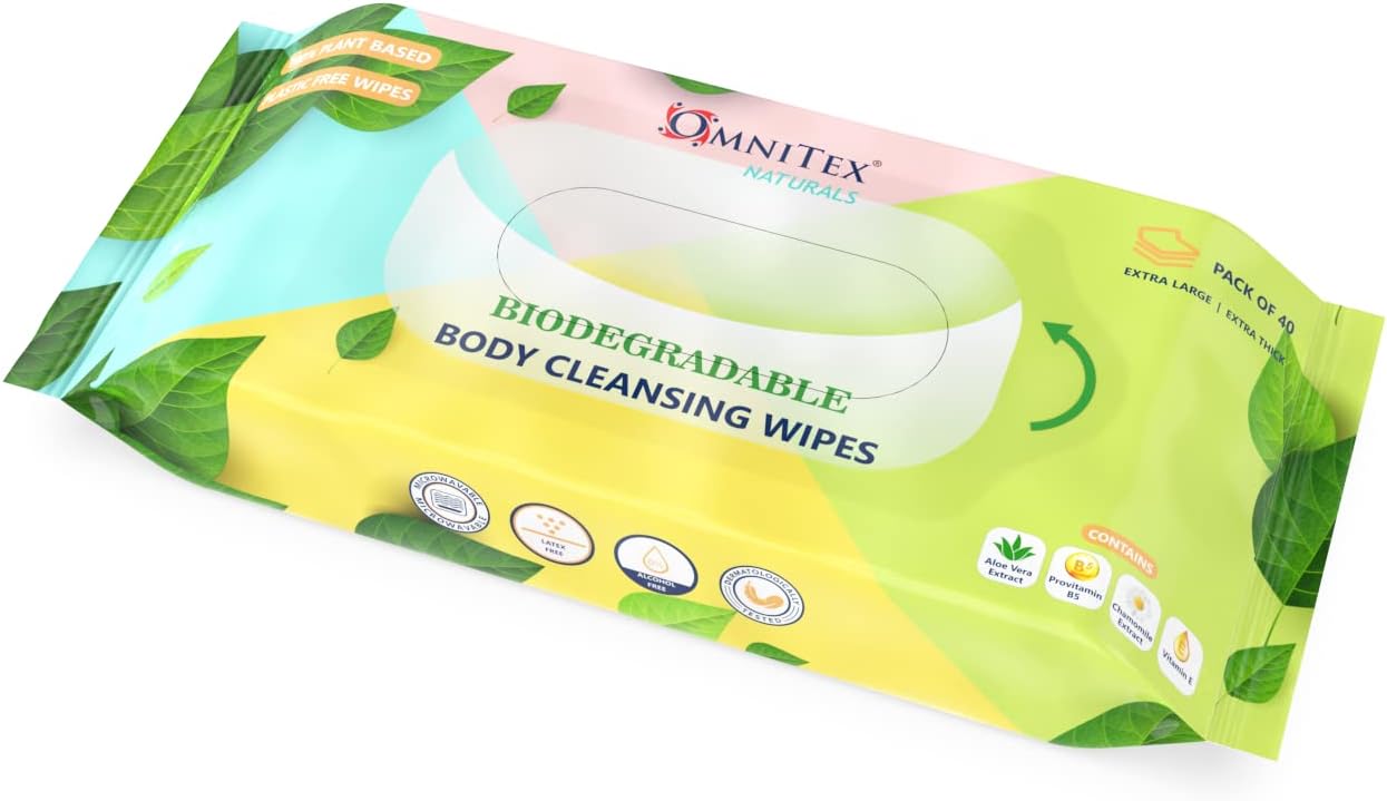 80x Omnitex Biodegradable Extra Large & Extra Thick Body Cleansing Wipes - Microwaveable | Rinse Free Wipes for Camping, Festivals, Elderly Bed Bath | Alcohol Free, With Aloe Vera & Vitamins | 2x 40pk 4 61WEtOPNvmL. AC SL1382