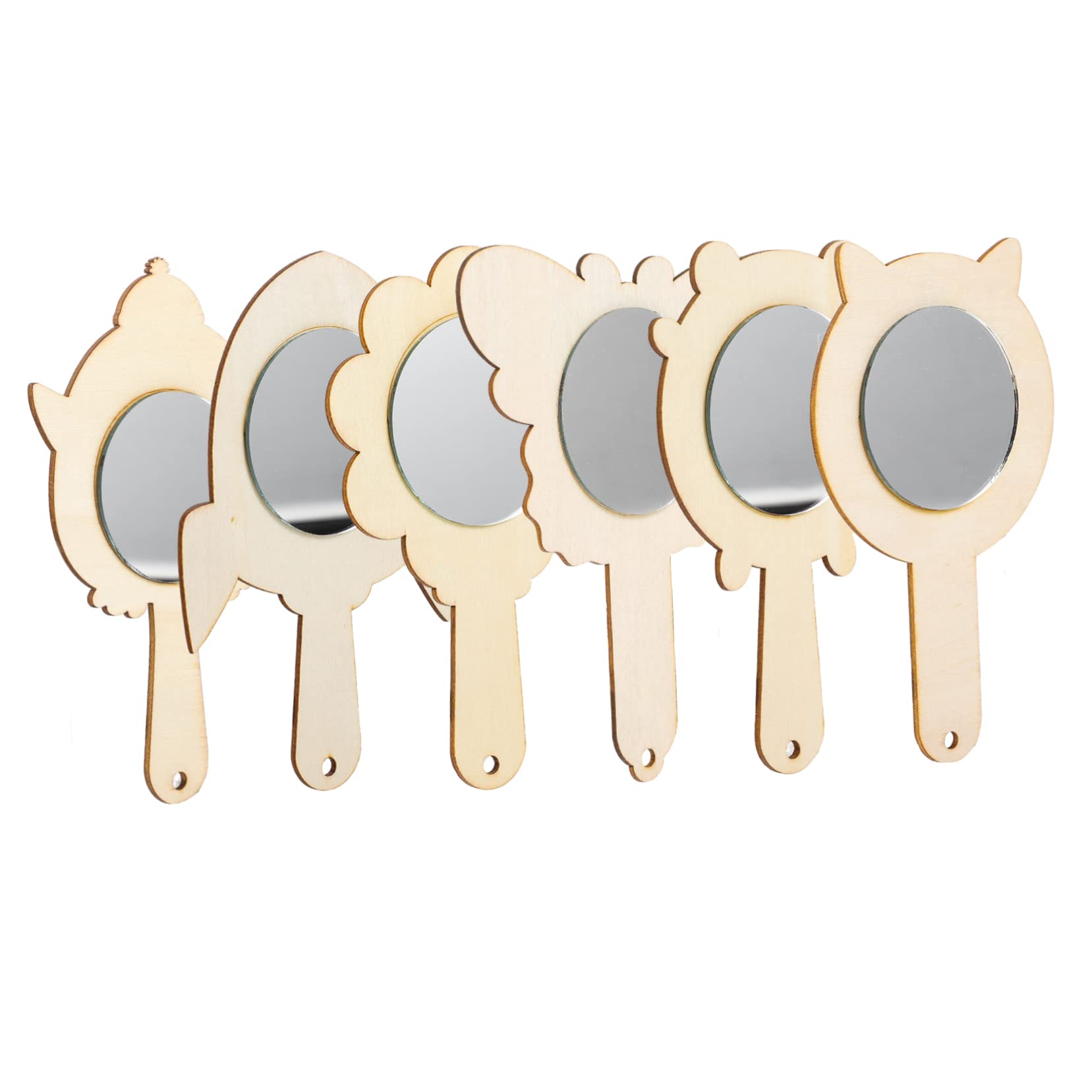 Hemoton 6Pcs DIY Wooden Mirror Unfinished Handheld Craft Mirrors for Creative Butterfly Flower Penguin Puppy Bear Shapes for DIY Projects and Decorative Display