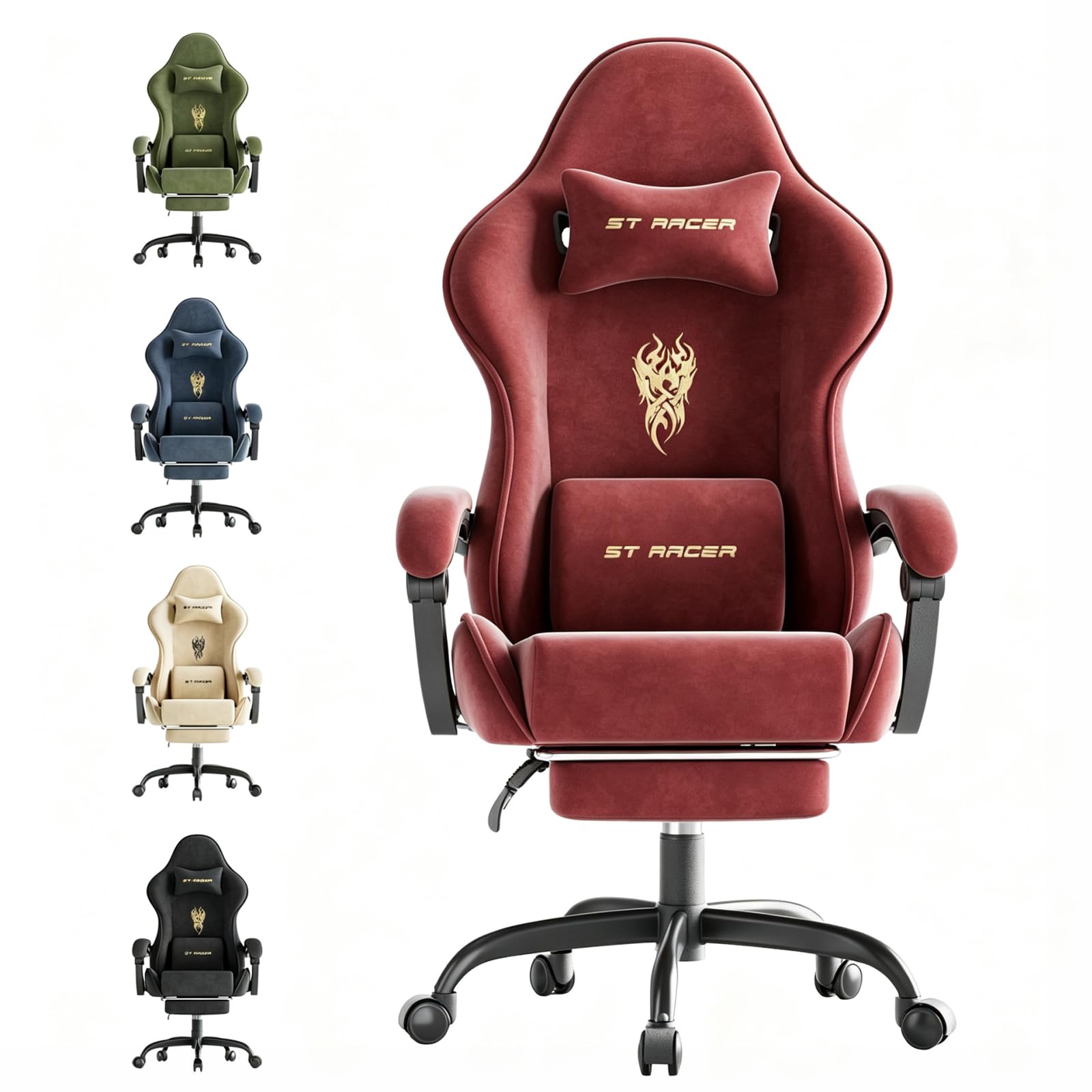 Soontrans Velvet Fabric Gaming Chair for Adult, Ergonomic Comfortable Video Gamer Chair with Footrest, Reclining Office Computer Desk Game Chairs with Massage Lumbar Cushion,Headrest
