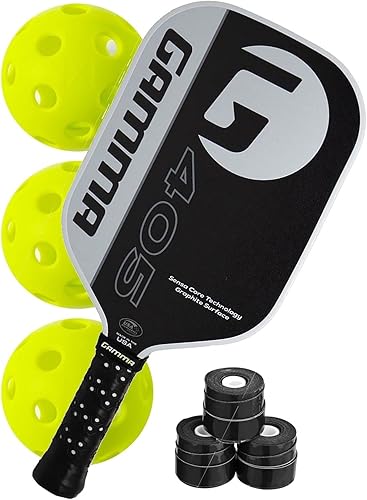 Gamma 405 - Paleta de pickleball de grafito de peso medio con un paquete de 3 overgrips y 3 bolas de pickleball, la mejor paleta de pickleball para