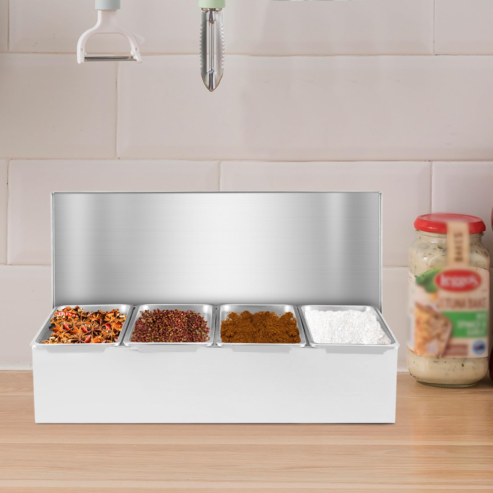 kunghei 15-In Telescoping Condiment Food Prep Station Center Self with 4 Pans, 4 Lids and 4* Spoons for Kitchen Bar Restaurants and Buffet, Stainless Steel Spice Seasoning Food Container Pans