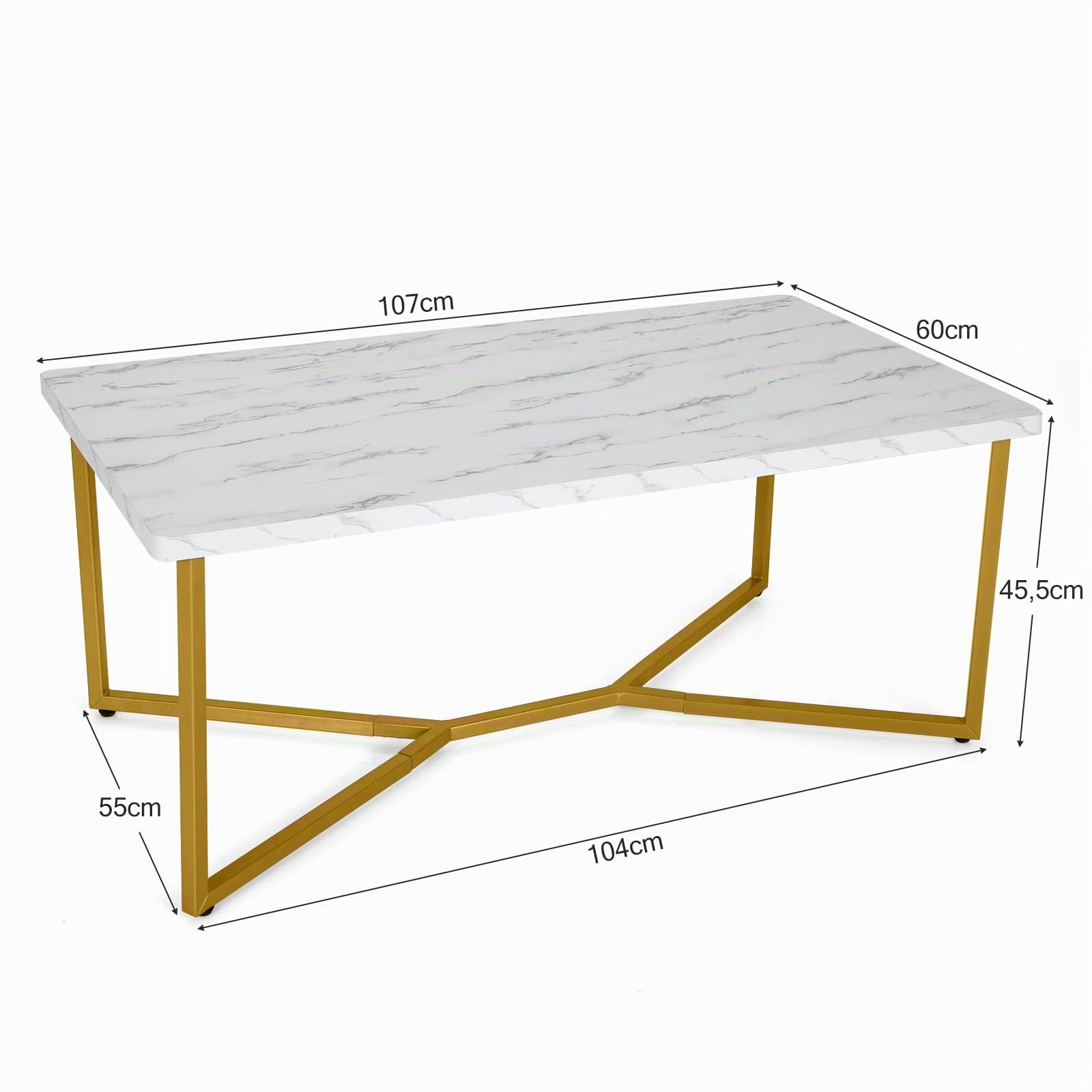LIFEZEAL Tavolino da Salotto, Oro Bianco, con Effetto di Marmo, Tavolino da Caffè, Tavolino Basso da Divano, Moderno, Telaio in Acciaio, Max 95 kg, per Soggiorno, Montaggio Semplice, 107x60x45,5 cm
