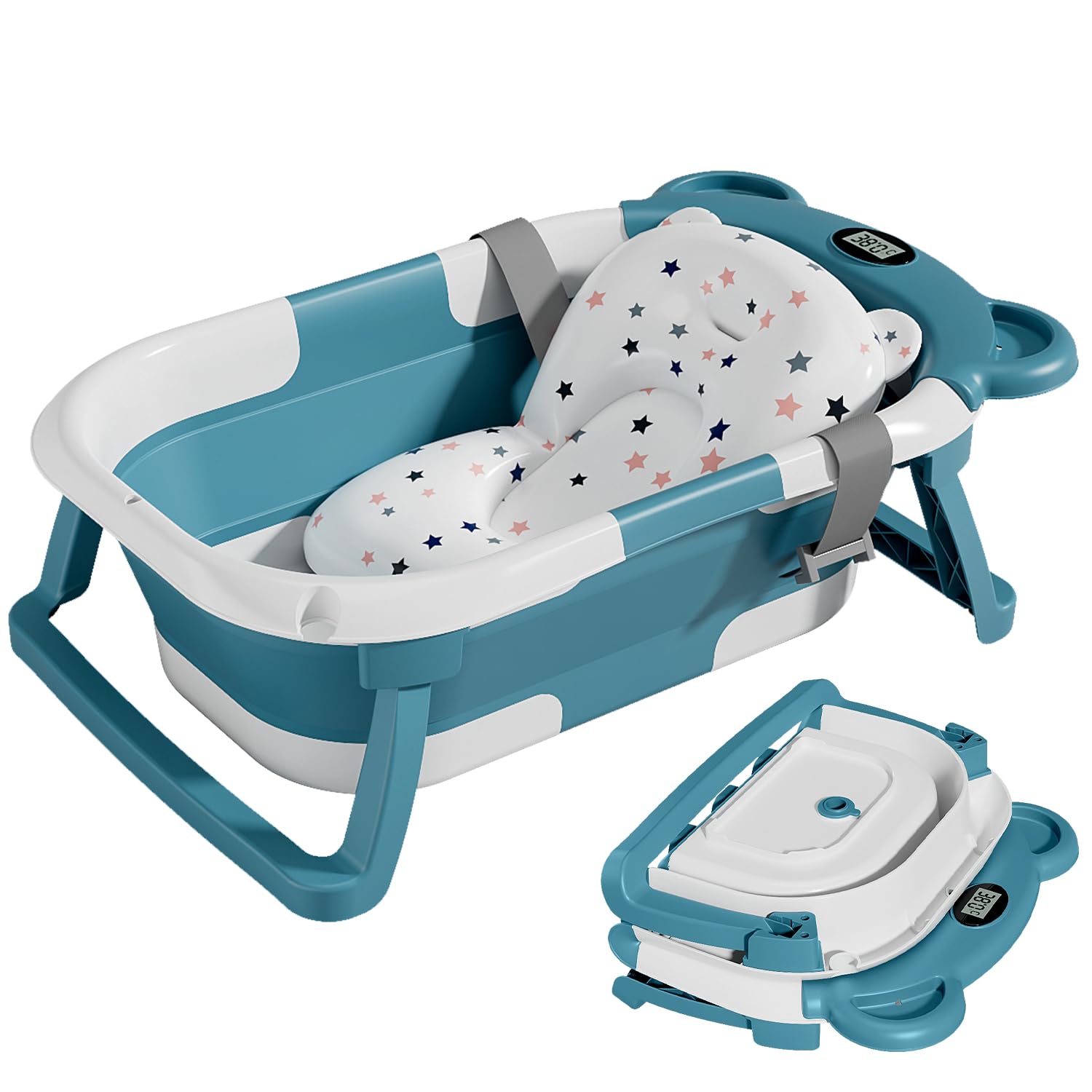 TPN Collapsible Baby Bathtub for Infants to Toddler with Real-time Temp Monitor+Floating Cushion,Foldable Baby Bath Tub Set Applicable 0-36 Month,Perfect Portable Travel Baby Tub for Newborns Boy Bear Shape Blue2