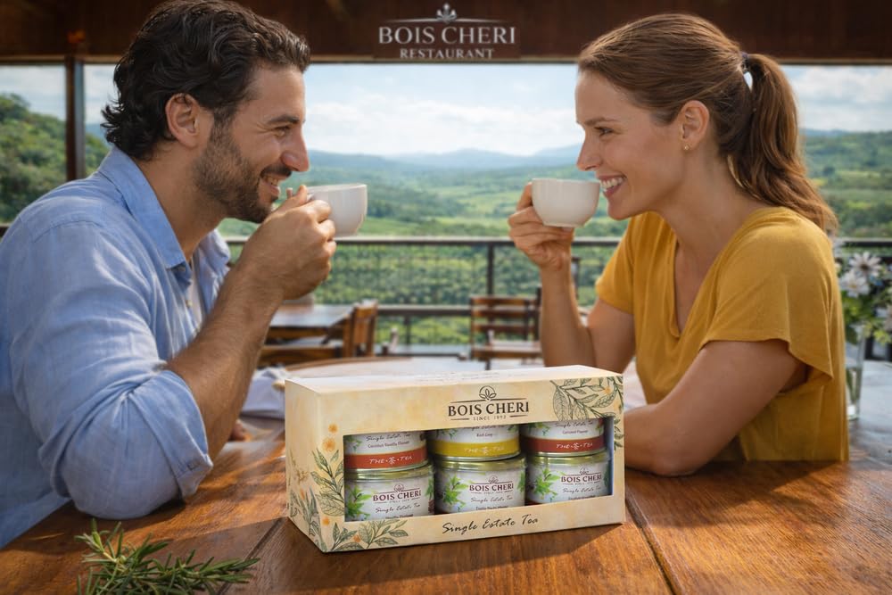 Bois Cheri Geschenkset - 6 Sorten (6x 60g) Tee aus Mauritius - Coconut-Vanille, Earl Grey, Caramel, Vanille, English Breakfast, Exotic Fruits