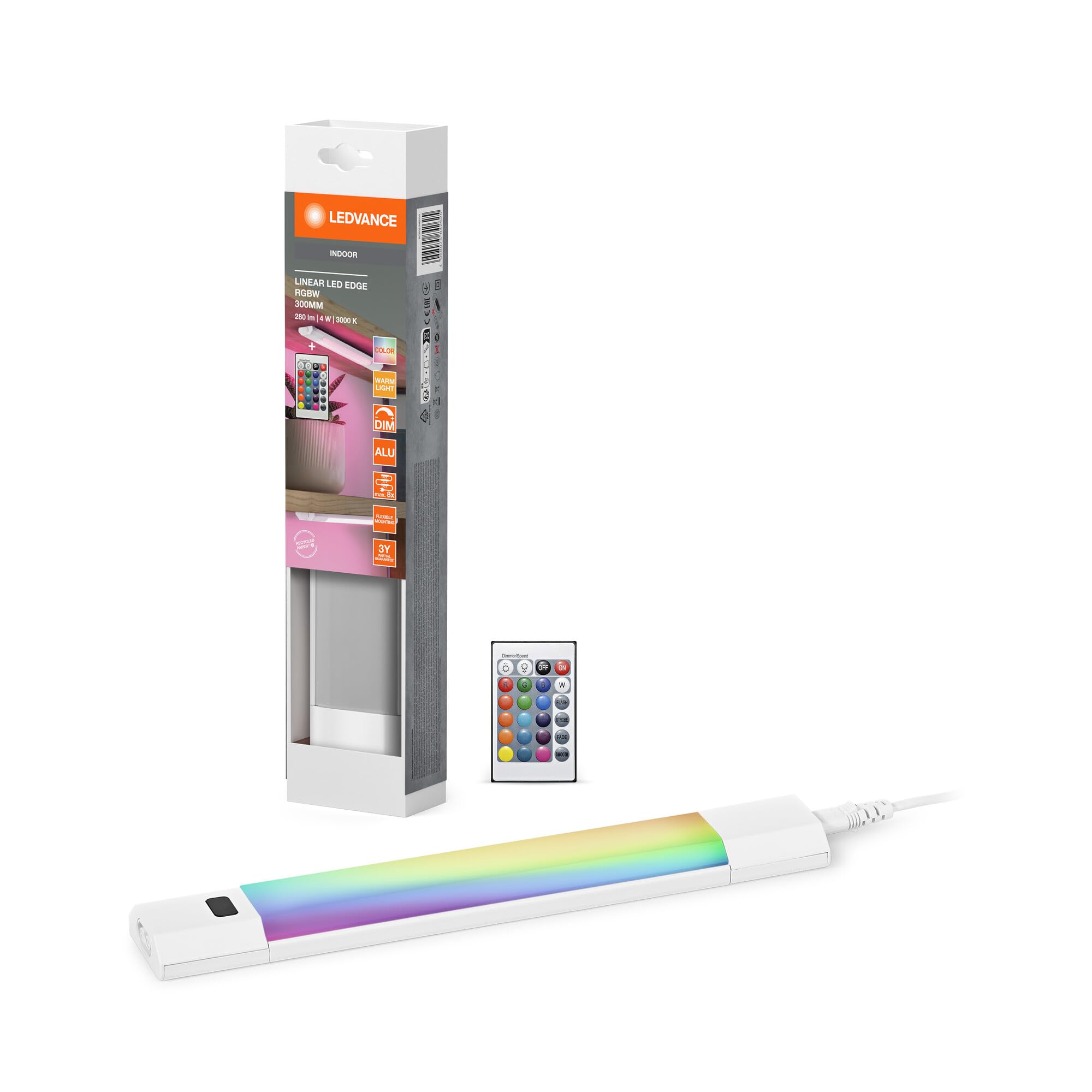 LEDVANCE Linear Edge Sensor Luminaria bajo mueble de alto voltaje con RGBW, 30cm, regulable, 4W, 230lm, 3000K, luz blanca cálida, aluminio blanco, IP20, mando a distancia blanco