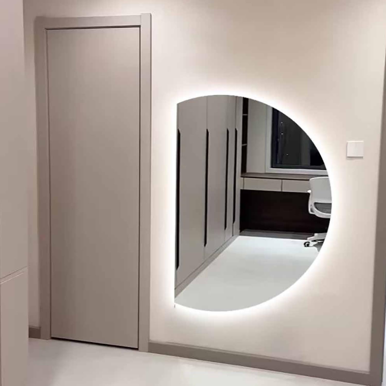 Inteligentne lustro łazienkowe LED 33 x 117 cm, przeciwmgielne, półksiężyc, Vani, ściemniane, 3-kolorowy przełącznik dotykowy, podświetlane lusterko do makijażu do wystroju domu (lewe cięcie)