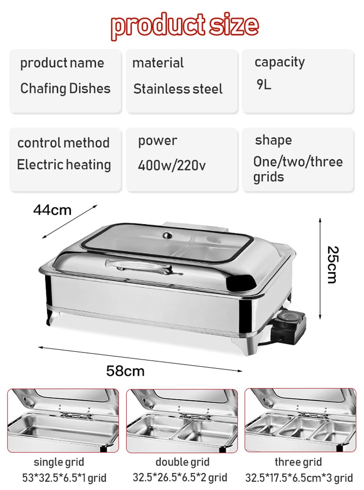 Scaldavivande Elettrico per Buffet 400w/220v Chafing Dish Acciaio Inox Scalda Buffet para Mantenere Il Cibo Fresco e Delizioso, Rimovibile E Facile da Pulire - 9L(Size:2 grid)