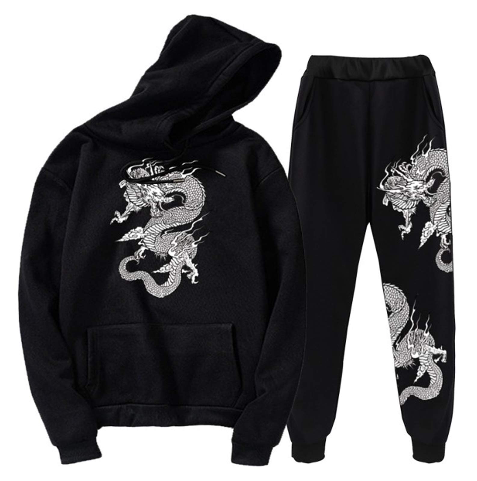 Oneforus Men's Black 2 Chinese Dragon Print Tracksuit Set Unisex Dragon Hoodies Sweatshirt & Jogger Pants Two Piece Set