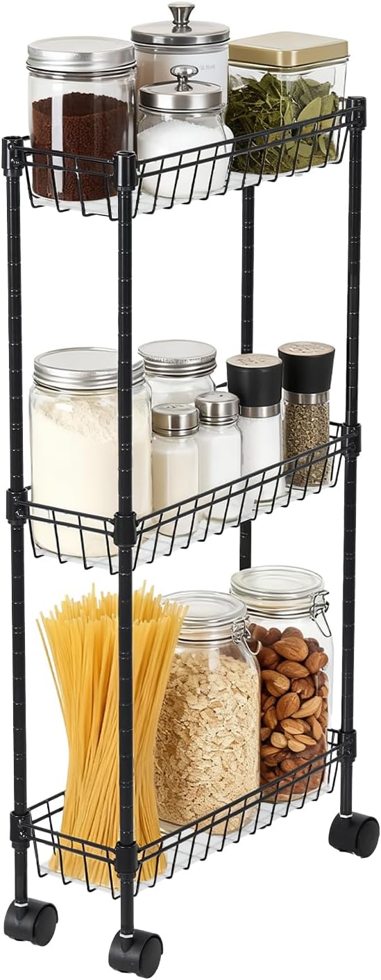 Garvee 3-Tier Slim Rolling Storage Cart, Metal Utility Cart on Wheels, Multi-Functional Adjustable Shelving Unit Basket Rack for Kitchen Office Bedroom Pantry Corner, 15.75x5.91x31.5 in, Black