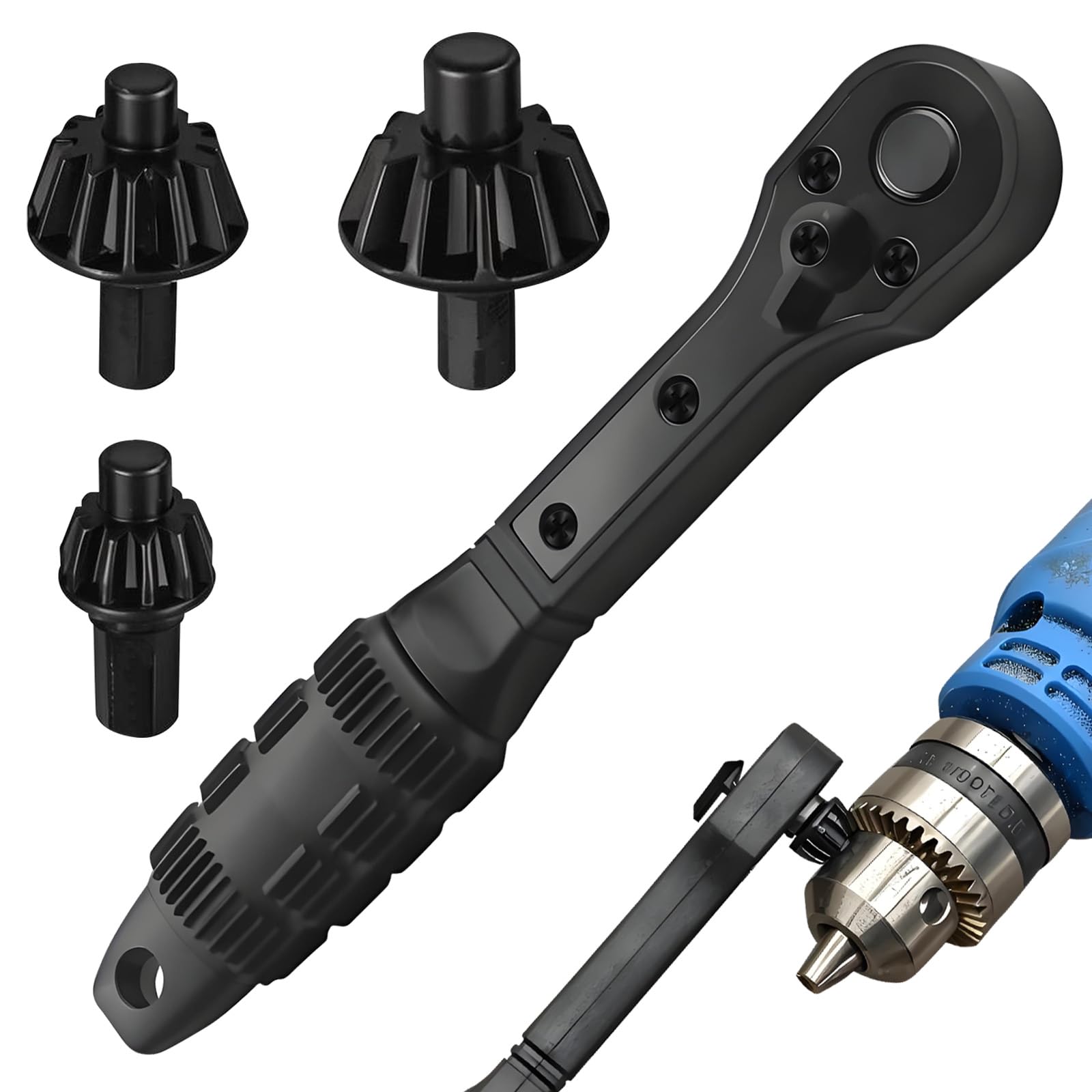 Mandrino per trapano a doppia testa, chiave a cricchetto, impugnatura comfort con 3 ingranaggi di ricambio, serraggio, allentamento, punte, utensili di serraggio per utensili elettrici