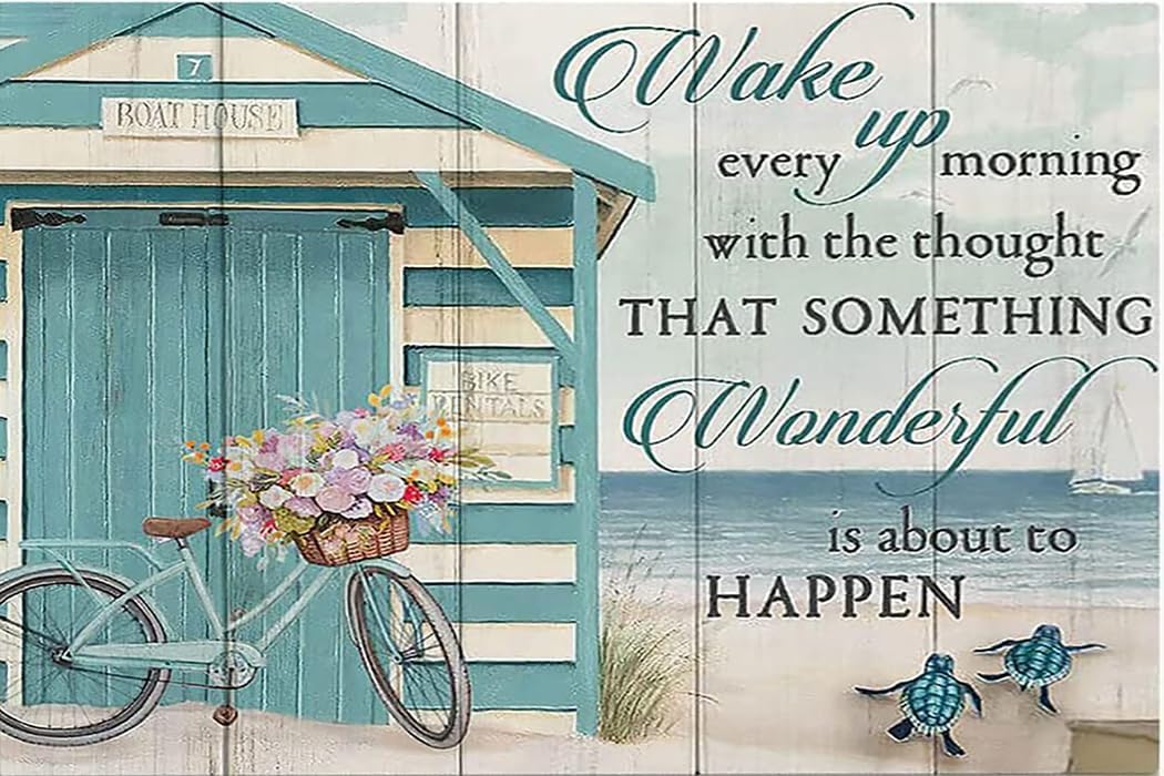 ACDOET Beach Vintage Metal Aluminum Sign For Bathroom Ocean Pictures Seaside Bicycle Print Seascape Painting Teal Blue Sea Turtle Decor For Coastal Themed Home Bedroom Wall Decor 8x12 Inch