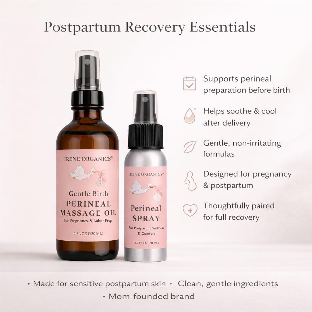 Organic Perineal Massage Oil Spray by Irene Organics for Pregnancy and Postpartum - Prevention for Perineum Tearing, All Natural, Third Trimester Pregnancy Must Haves for Childbirth (Perineal Bundle)