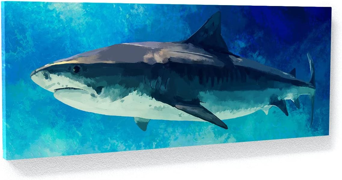 Sense Canvas Shark Canvas Art - Underwater Nautica Marine Blue Ocean Fish Sea Home Decor Print Poster Painting Large 40x16 / 1.5" Large 40x16" / 1.5"