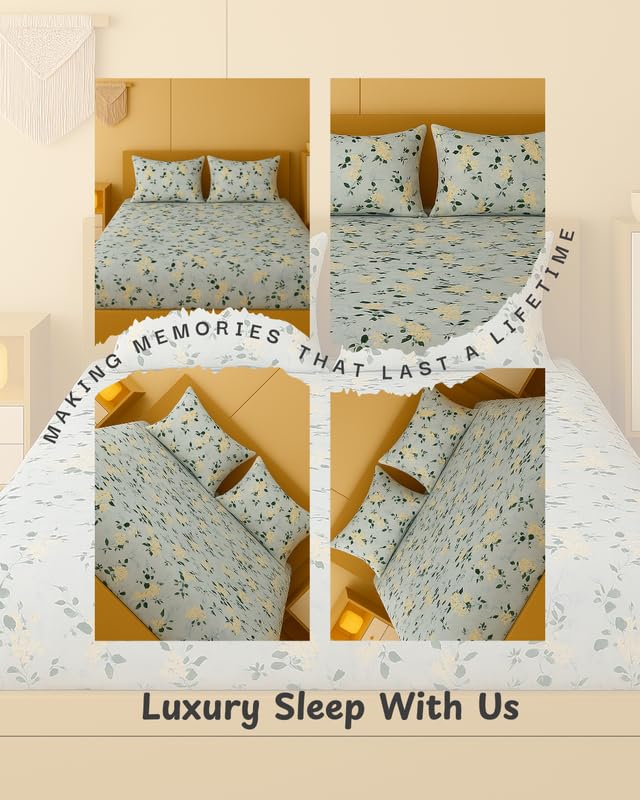 Image of NEW LEAF 320 TC Cotton All Around Elastic Fitted Printed Bedsheets King Size, Premium Fitted Bedsheets King Size for Double Bed with 2 Pillow Covers, Size- 78 inch x 72 inch Mint Green