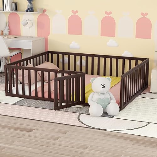 Miniatura 16 de P PURLOVE Base de cama de suelo de tamaño matrimonial para niños, camas Montessori de madera con riel de valla para niños y niñas, (blanco, cama