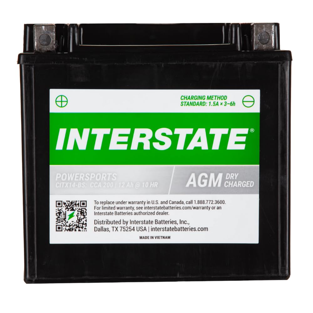 Interstate Batteries YTX14-BS 12V 12Ah Powersports Battery 200CCA AGM Rechargeable Replacement for Motorcycles, ATVs, UTVs, Scooters, Snowmobiles (CITX14-BS)