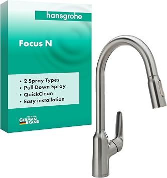 hansgrohe Focus N Stainless Steel High Arc Kitchen Faucet, Kitchen Faucets with Pull Down Sprayer, Faucet for Kitchen Sink, Stainless Steel Optic 71800801