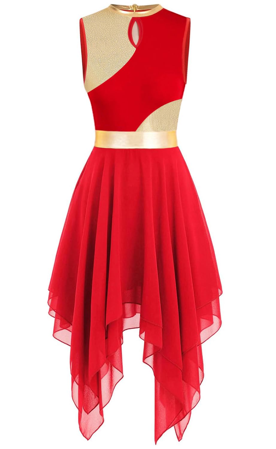 ELLYDOOR Praise Dance Tunic Dress for Women Sleeveless Color Block Irregular Flowy Skirt Liturgical Worship Lyrical Dancewear, 037 Red, S