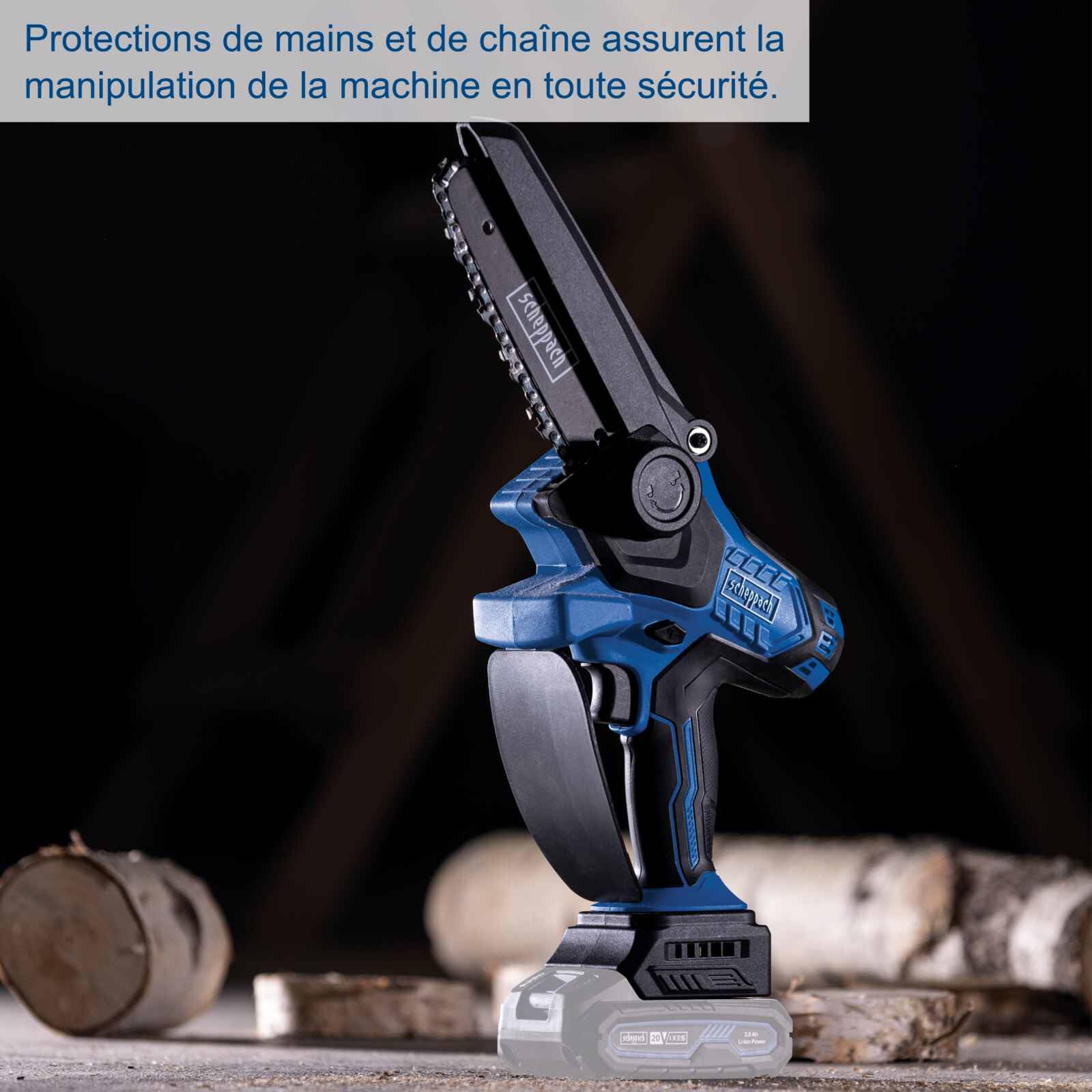 Scheppach Elagueuse à main sur batterie BC-PS150-X 20V | Brushless | Mini tronçonneuse | Longueur de coupe 150mm | Guide 6" | Vitesse de coupe 6,8 m/s | Avec batterie 2 Ah et chargeur