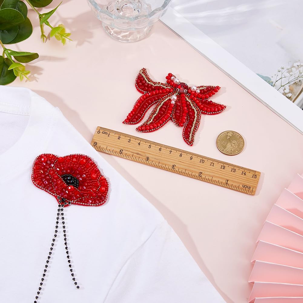 SUPERFINDINGS 2Pcs Flower Rhinestone Beaded Patches Flowers Appliques Patch Sew on Floral Rhinestone Patch Embroidery Iron on Sew on Clothing Patches for Clothes Jacket Bag Arts Crafts
