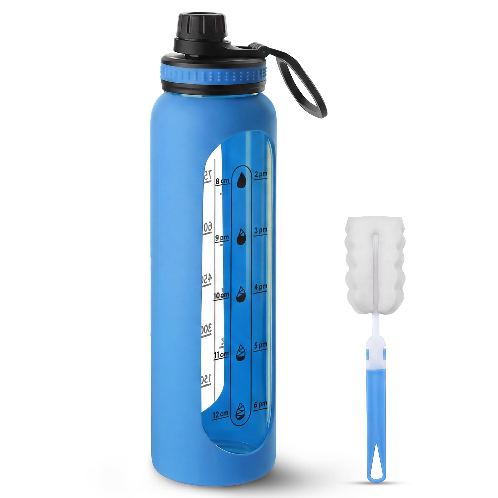 Gourde en verre incassable 1L sans BPA écologique avec repères horaires bleu