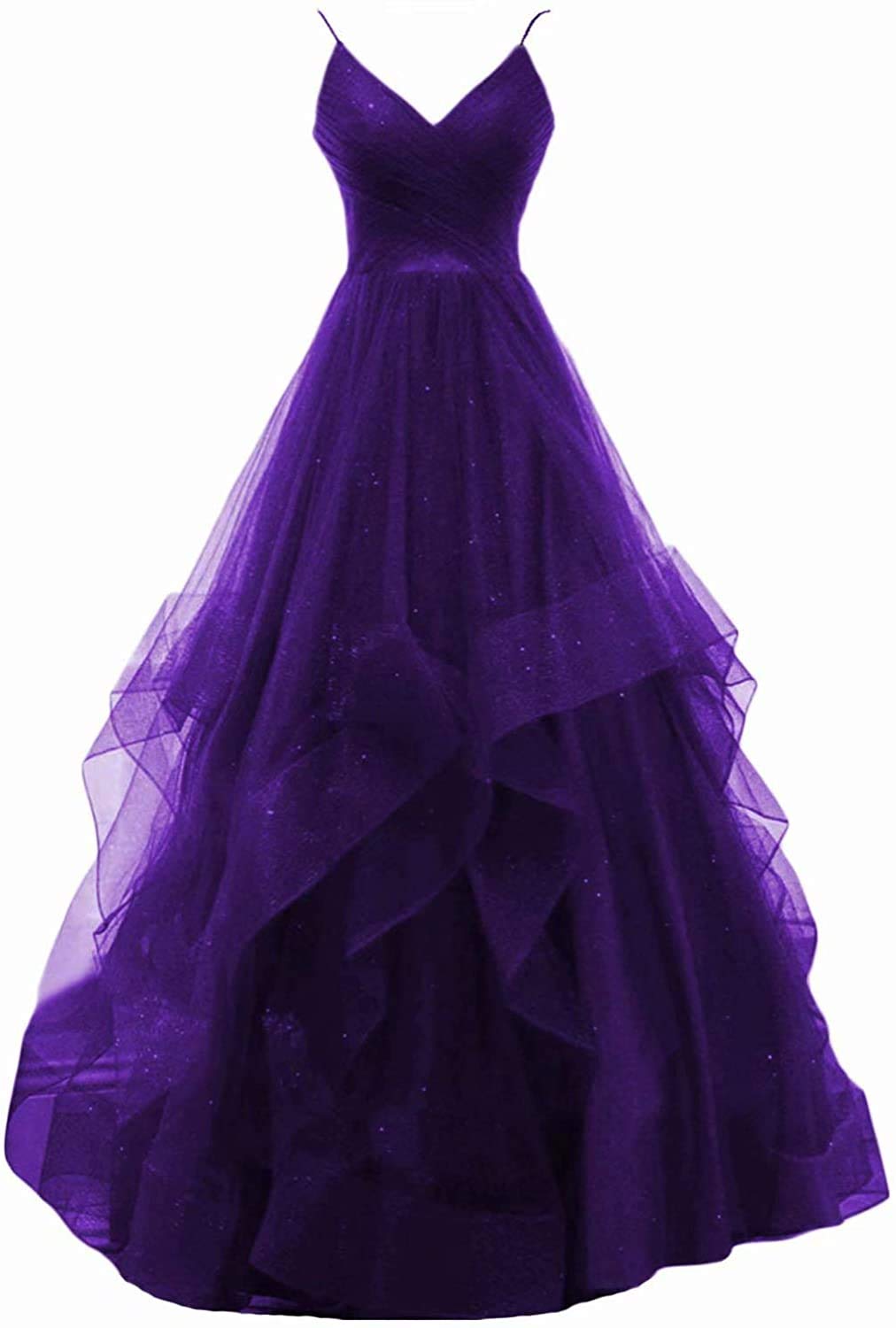 Women's Spaghetti Straps V Neck Prom Dresses Long Layered Ruffles Glitter Tulle Formal Evening Ball Gowns
