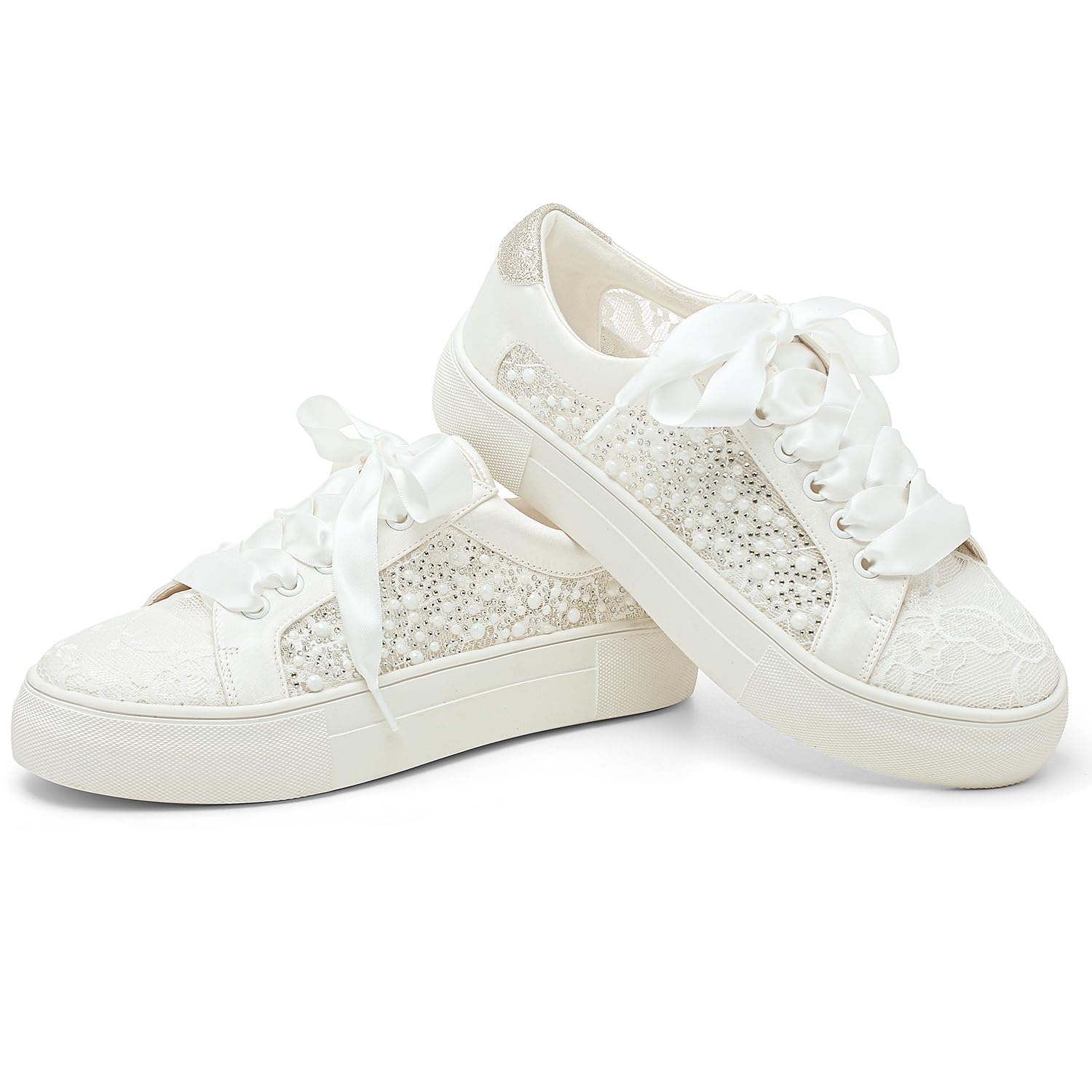 Elivandon 9993 Chaussures de Mariage Dentelle Sneakers de Mariée Plateforme 3,7cm Chaussures de Tennis Mariée Strass Étincelants Sneakers Nuptiales