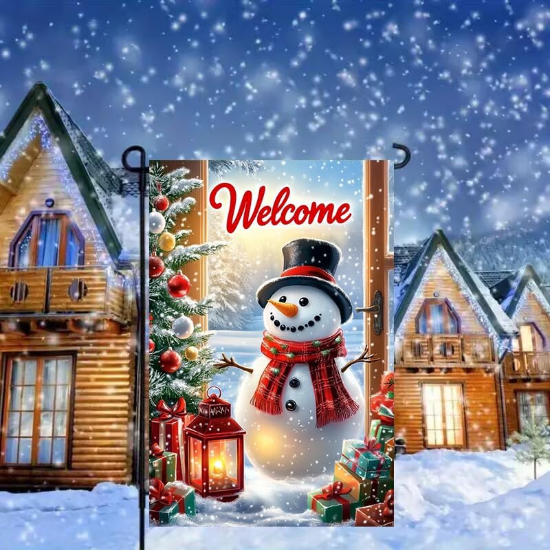 Christmas Garden Flags 12x18 Double Sided - Welcome Snowman Design, Small Burlap Winter Holiday Outdoor Xmas Yard, Porch Lawn Flags for Outside Decorations - Image 2