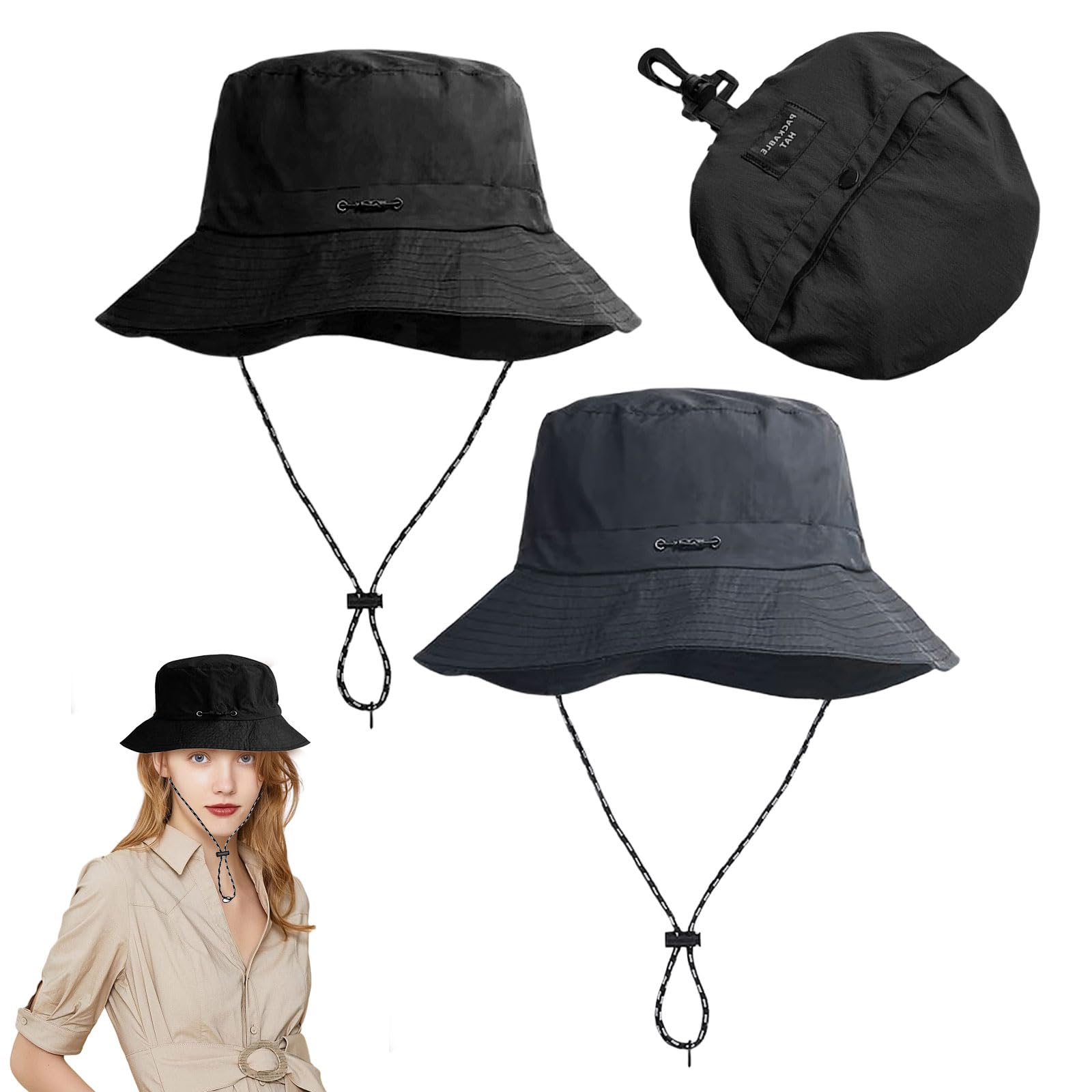 FUIPVGI 2 Pieces Bucket Hat Waterproof Hat Sun Hats for Men Women,Portable and Storable Hat, Fishing Hat Boonie Hat with Adjustable String,Hiking Hat for Camping Gardening Fishing Hiking(Black Grey)