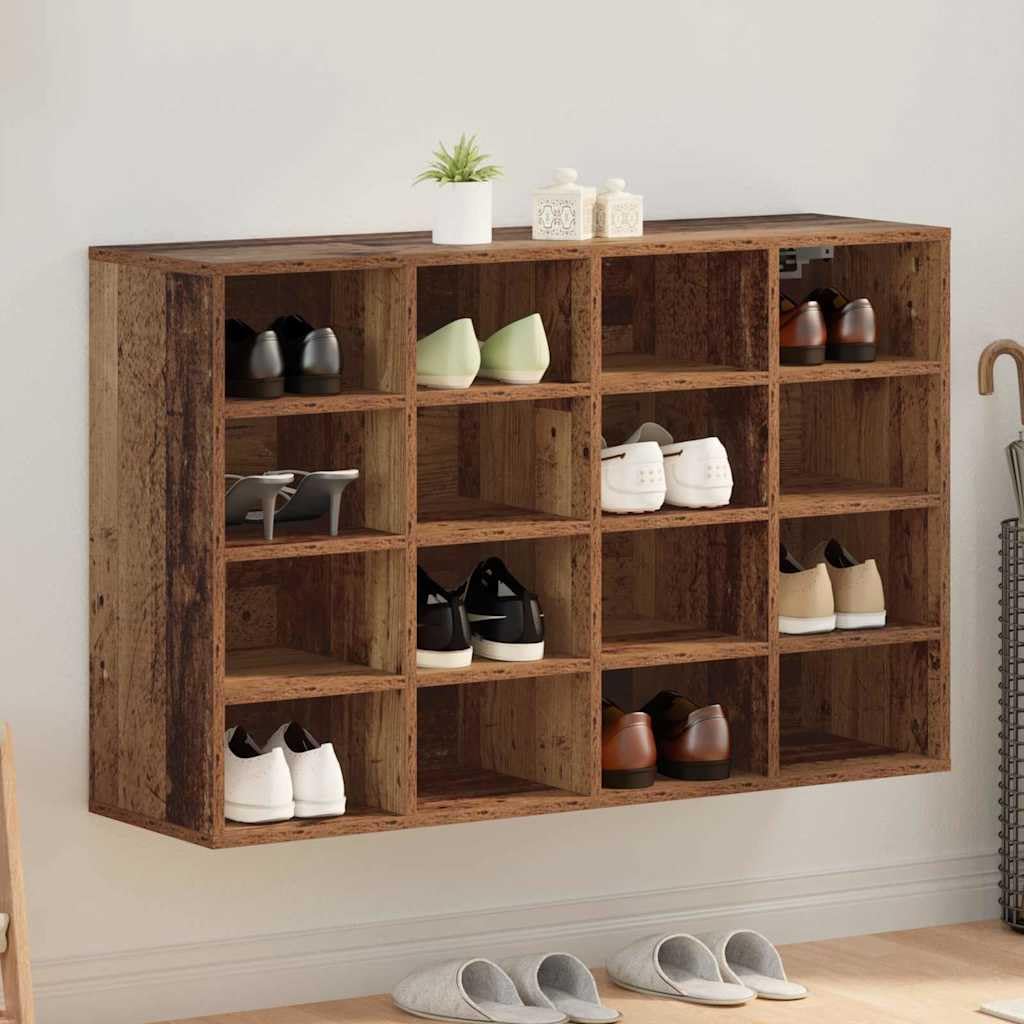 Schuhschrank mit Regal Altholz Holzwerkstoff 103 x 30 x 67 cm, schmaler Schuhständer für Flur Diele, geschlossene Schuhablage mit 16 Regalbrettern, platzsparend