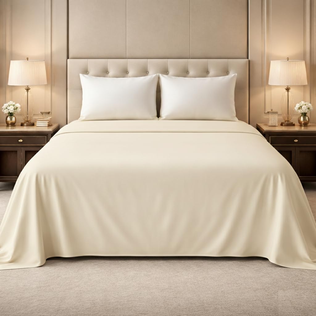 500TC Egyptian Cotton Queen Size Bedsheet Set | Luxurious Export Finish | Wrinkle-Free, Ultra-Soft & Breathable | Includes Topsheet & 2 Pillow Covers | Ivory-image-22