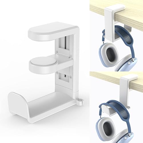 EURPMASK PC Gaming Headset Stand - Adjustable Clamp-on Headphone Holder, 360 Degree Swivel & Cable Clip Organizer - White - White