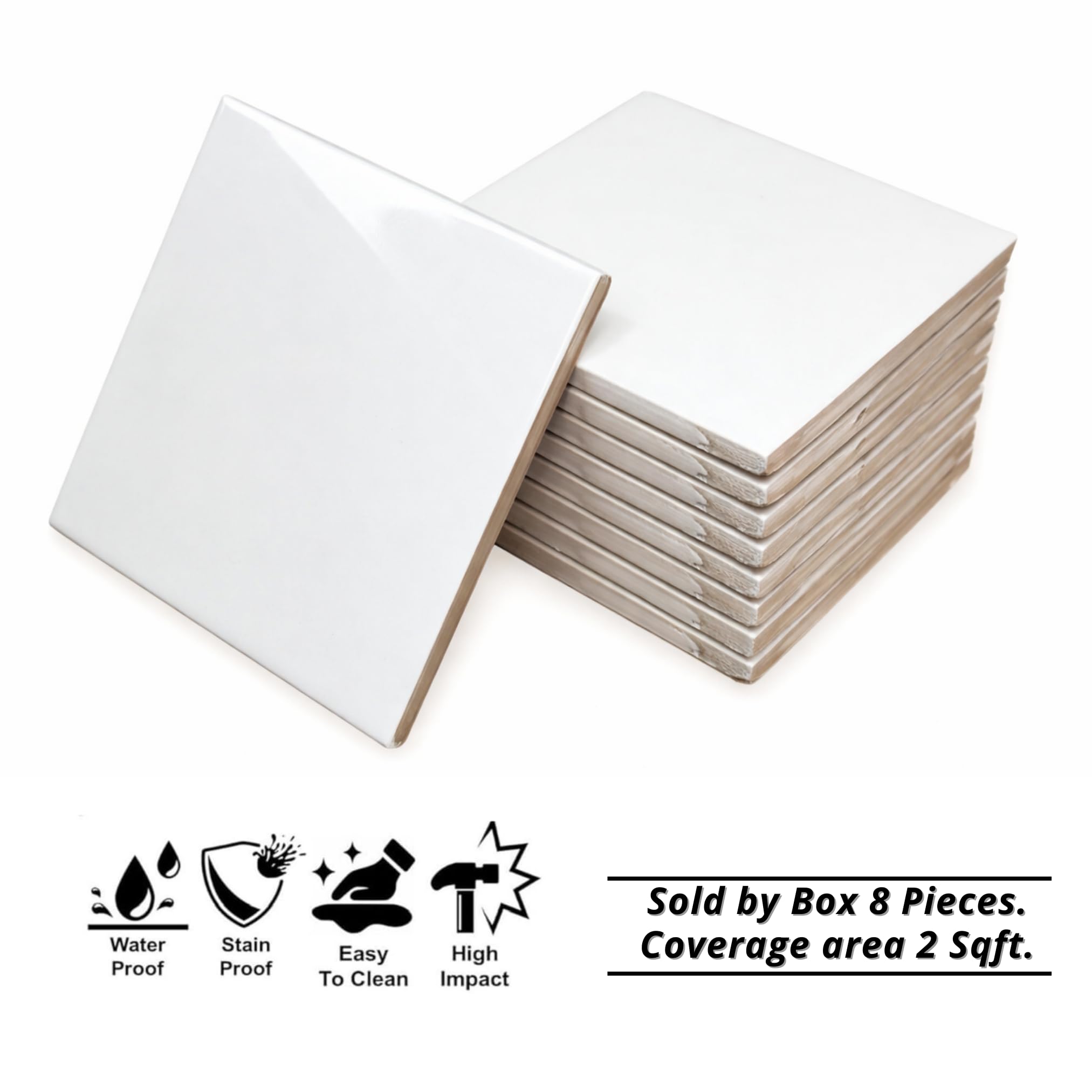 Tenedos 6x6 Glossy White Ceramic Wall Tile – Box of 8, Ideal for