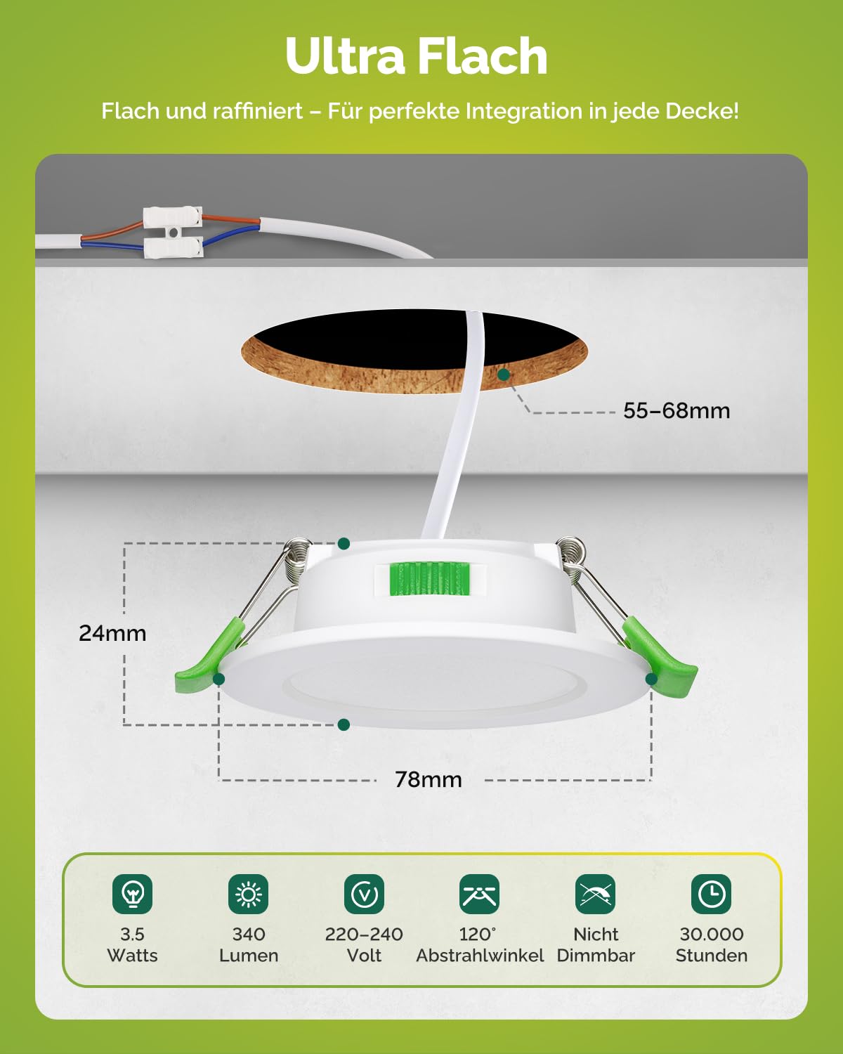Fondiiz 6er LED Einbaustrahler 230V, 3.5W 340LM LED Spots 55mm - 68mm Lochmaß, Deckenspots 3000K Warmweiß 4500K Neutralweiß 6000K Kaltweiß, IP44 Einbauspots Ultra Flach für Badezimmer Küche