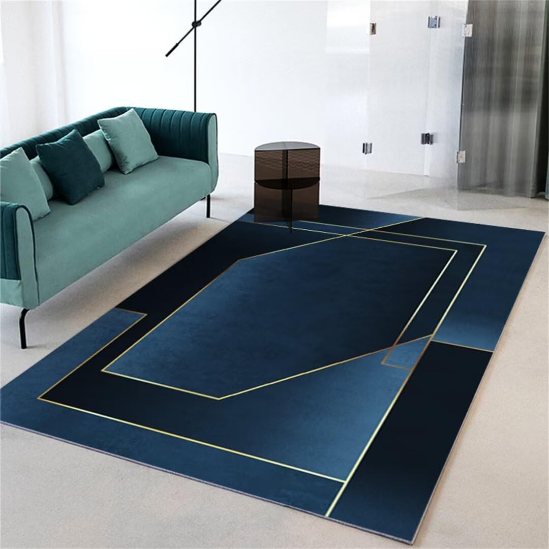 Tapis enfant bleu 80x160cm à poils courts rayé pour salon et chambre