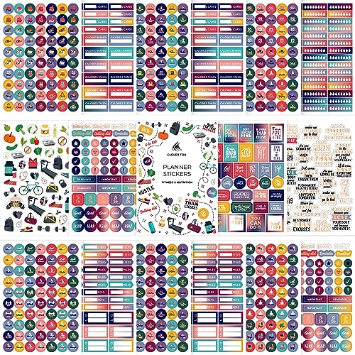 Image of Clever Fox Fitness Planner Stickers for Women, 840+ Nutrition & Workouts | Small monthly, weekly and daily designs for exercise, health, agenda, calendar, journal, stickers for adults, 16 sheets
