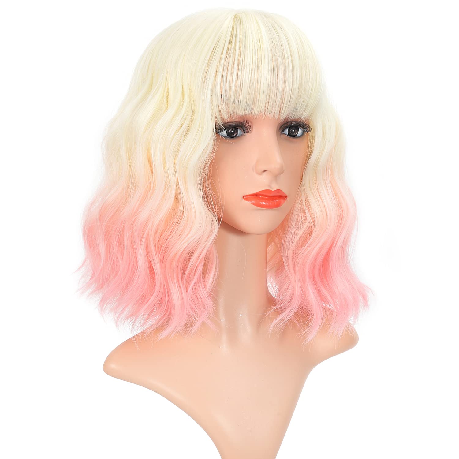 VCKOVCKO Ombré-Bob-Perücke mit Luft-Pony, zweifarbig, natürlich, lockig, gewellt, kurz, kurz, schulterlang, synthetische Cosplay-Perücke für Mädchen, bunte Perücken (30,5 cm, 613-Hellrosa)