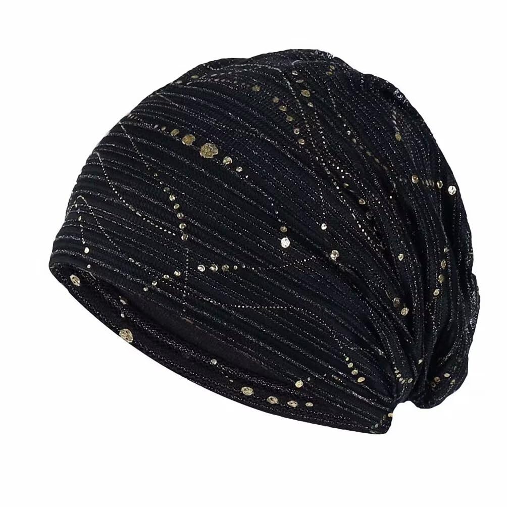 Plancholo Women's Black Lace Chemo Turban Headwear Beanie Chemo Cap Chemo Headwear With Sequin