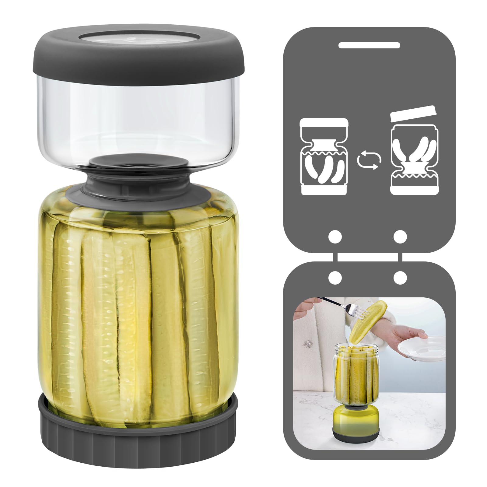 Luvan Hourglass Pickle Jar with Strainer Flip - 46oz Glass Container for Pickles, Olives & Jalapenos, Leakproof Airtight Lid, BPA-Free Juice Separator, Dishwasher Safe Storage Solution