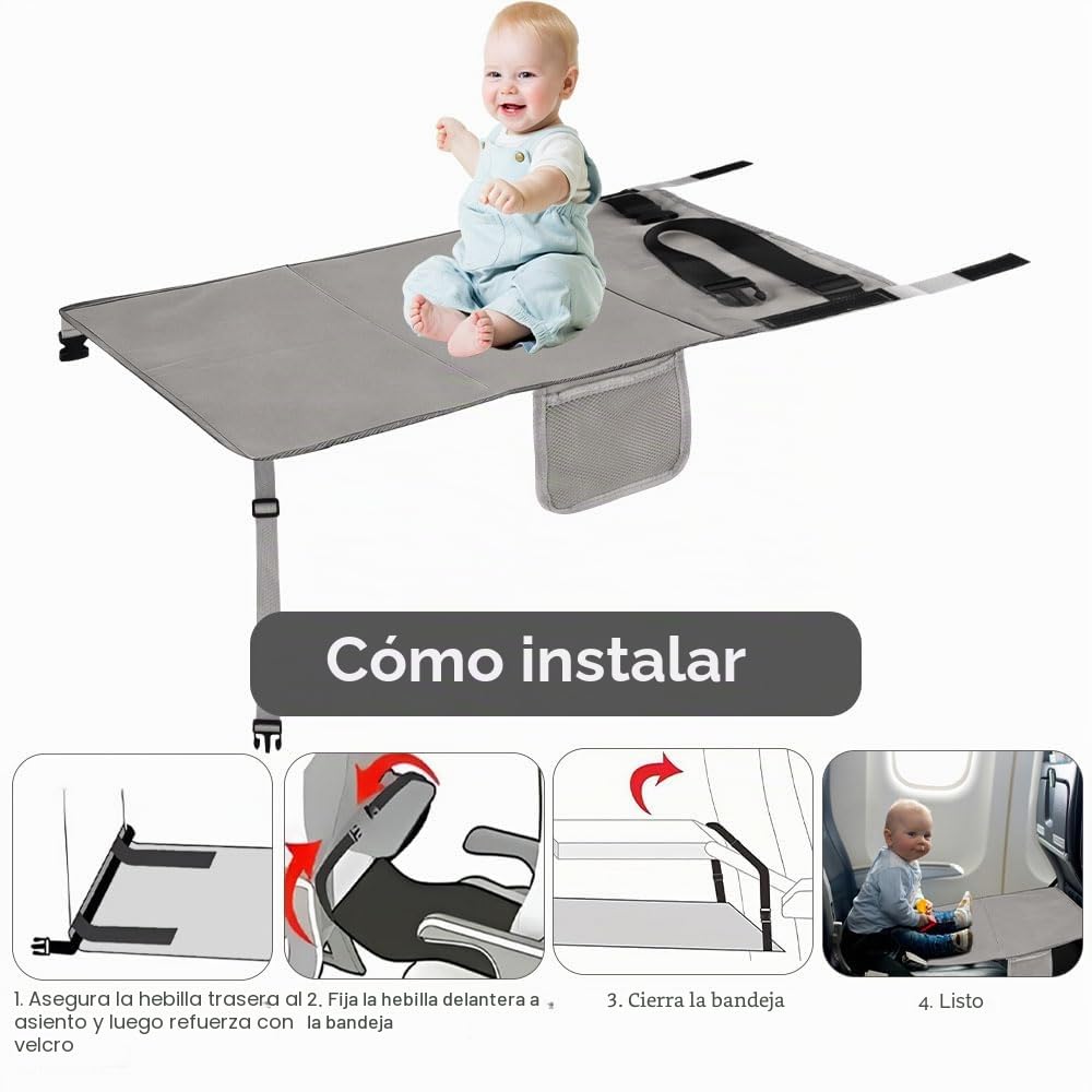 Reposapiés de Avión para Niños, Cama de Avión para Bebé, Extensión de Asiento de Avións, Cama de Viaje de Avións Portátil Plegable, Cuna Avióne Infantil, para Volar, Automóviles, Trenes (Gris)
